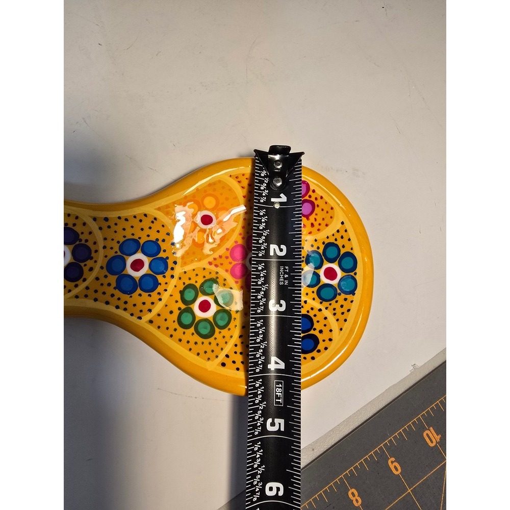 Hand Painted Ceramic Spoon Rest Yellow Floral Dot Art Terracotta Glossy Glaze - Picture 5 of 6